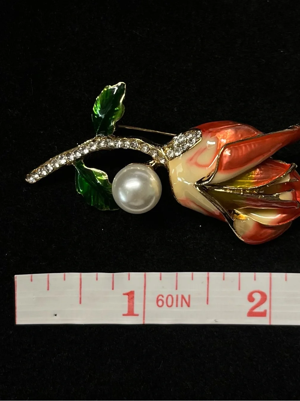 Orange Enamel Tulip Flower Brooch Rhinestone Pearl Gold Tone